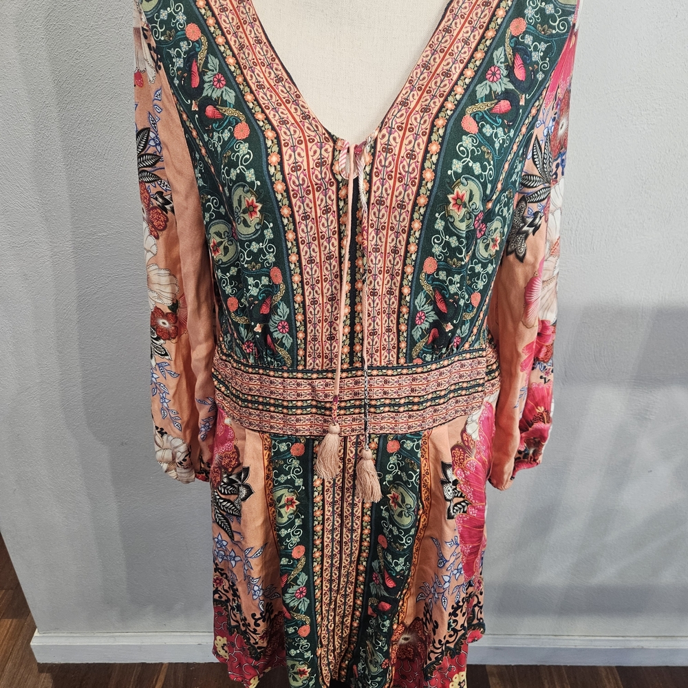 Farm Rio For Anthropologie Mini Dress 3/4 Sleeves  Pockets Size L